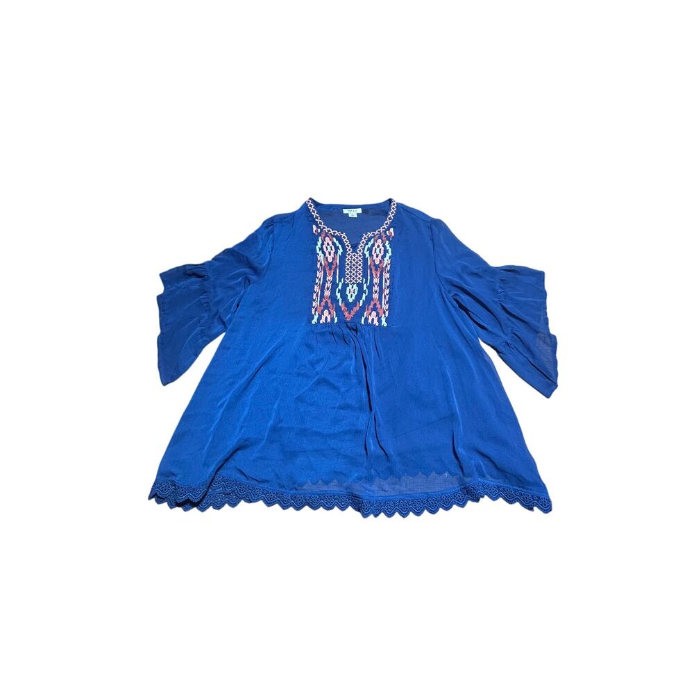 Style & Co embroidered split neck peasant top tribal geo 3/4 sleeves eyelet hem